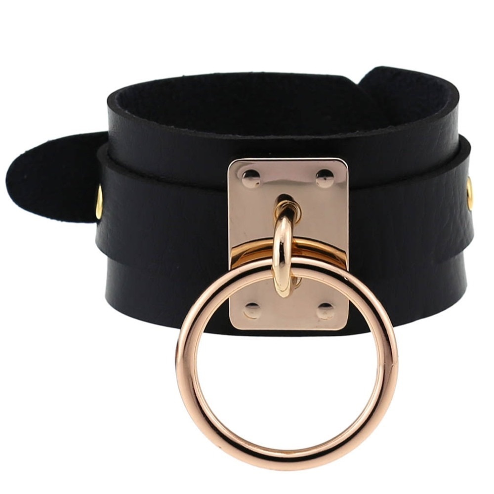 Punk Gothic Black Vegan Leather Metal Ring Bracelet - Picture 3 of 16